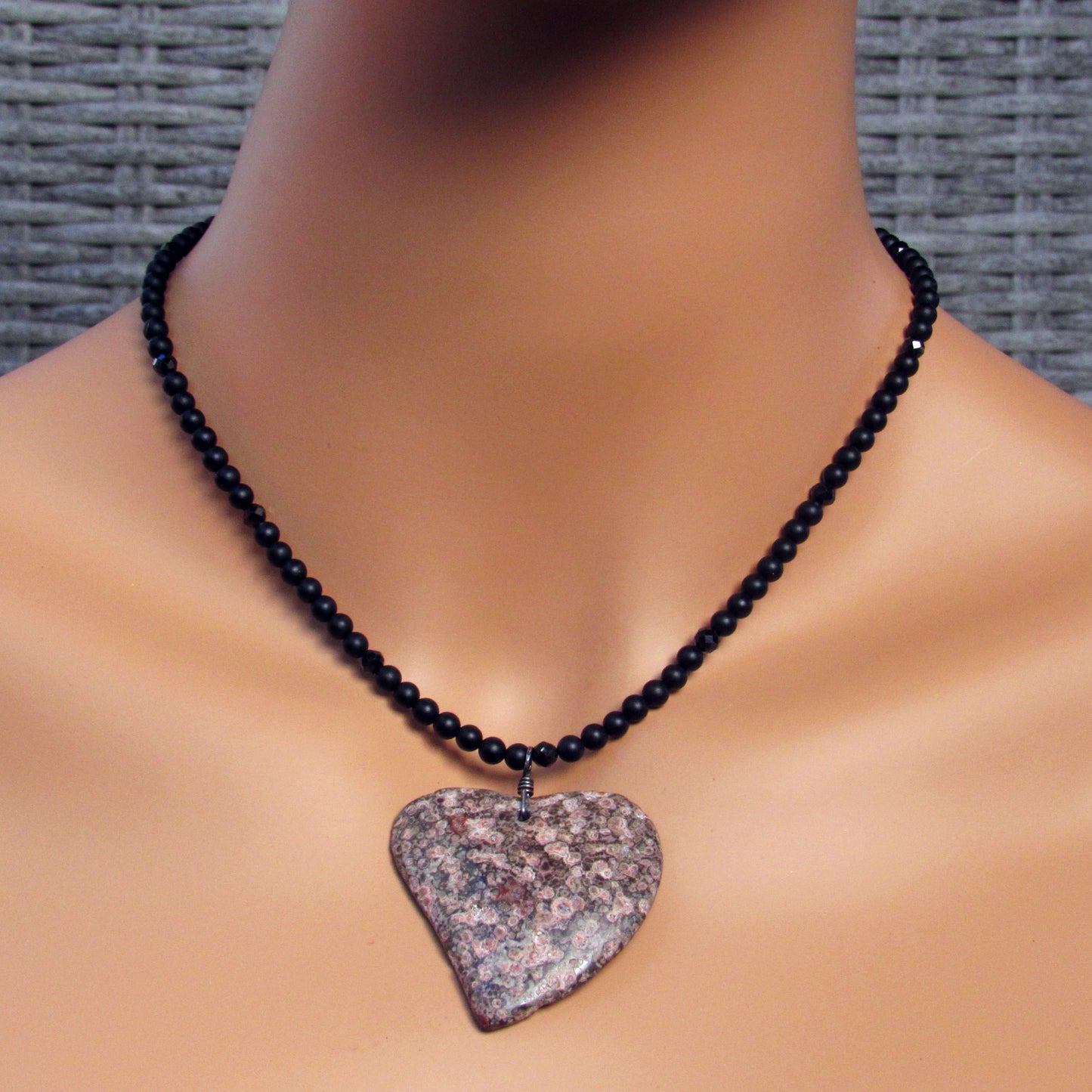 Leopard Print Jasper Gemstone Heart Pendant on Onyx and Spinel Necklace