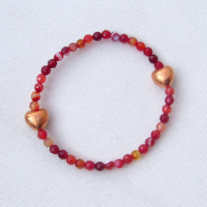 Red Banded Agate and Copper Gemstone Beaded Stretch Bracelet