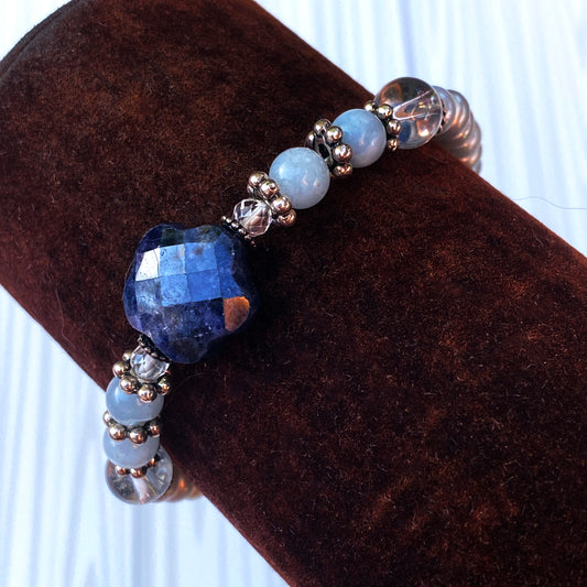 Blue Sapphire gemstone beaded Bracelet with aquamarine and quartz