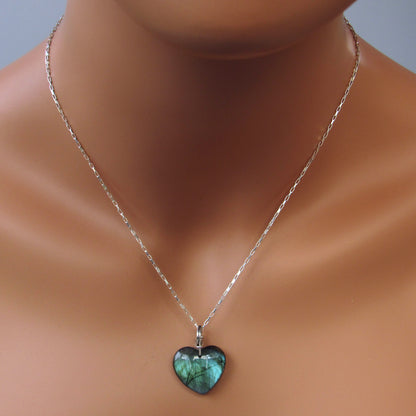 Labradorite Heart Hand Wrapped with Sterling Silver on Sterling Silver Chain
