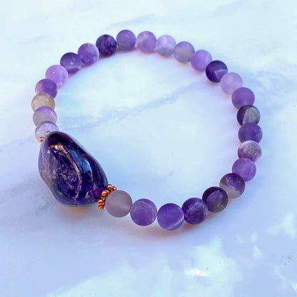 Amethyst gemstone and copper crystal beaded stretch bracelet