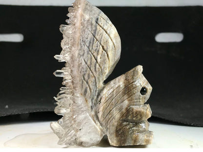 Natural crystal cluster Quartz mineral specimen hand-carved squirrel