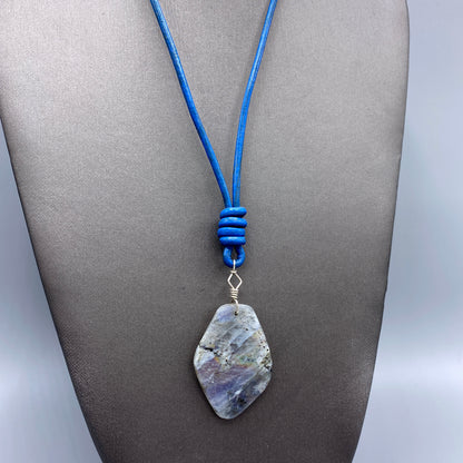 Labradorite Gemstone and Blue Leather Necklace Hand Wrapped w/ Sterling Silver and Sterling Clasp