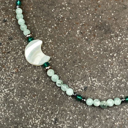 Mother of Pearl Moon Necklace w/ Green Moonstones, Green Onyx, Hematite, and Sterling Silver