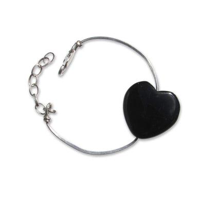 Large Onyx gemstone Heart on Sterling Silver Bangle Bracelet