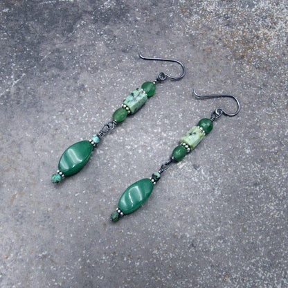 Aventurine, African Turquoise, and Oxidized Sterling Silver Drop Earrings