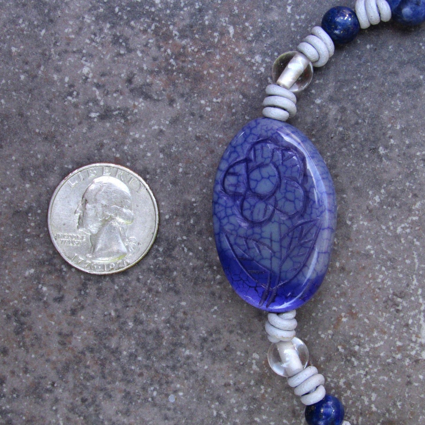 Flower Carved Agate, Sodalite gemstone, Clear Quartz, Leather Hand Knotted W/ Sterling Silver Button