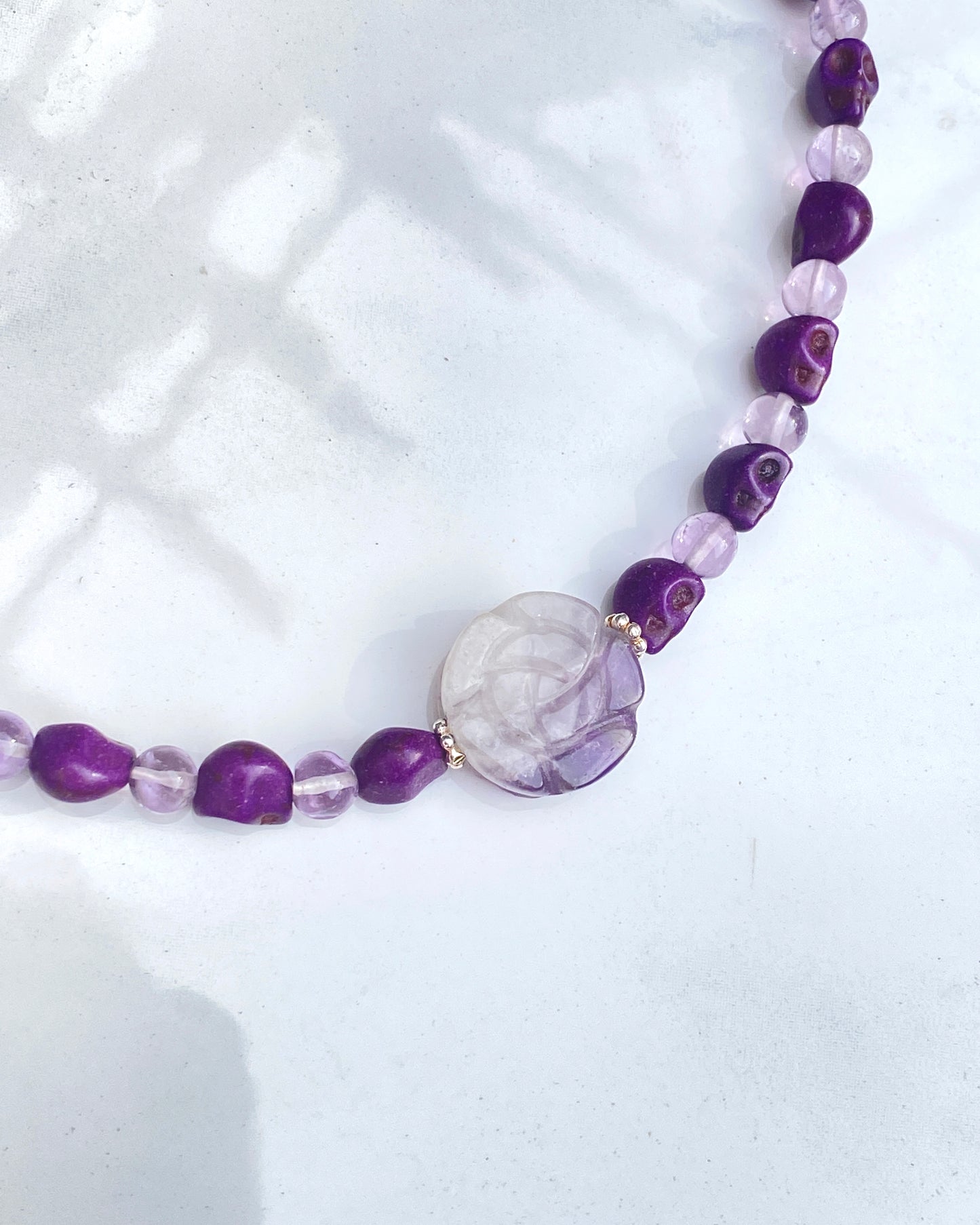 Amethyst gemstone and Howlite Skull and Rose Necklace