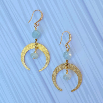 Aquamarine gemstone and brass Moon Earrings