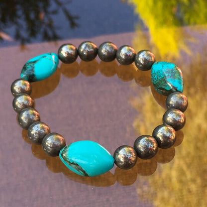 Genuine Turquoise and Pyrite Gemstone stretch bracelet