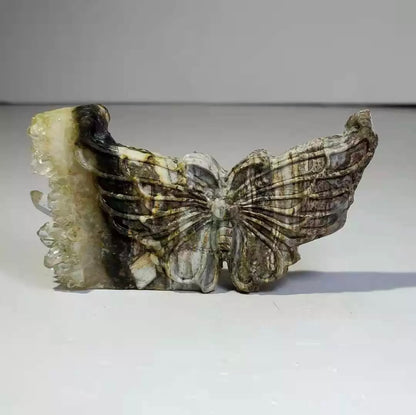 Natural crystal quartz cluster mineral specimen, hand carved, butterfly