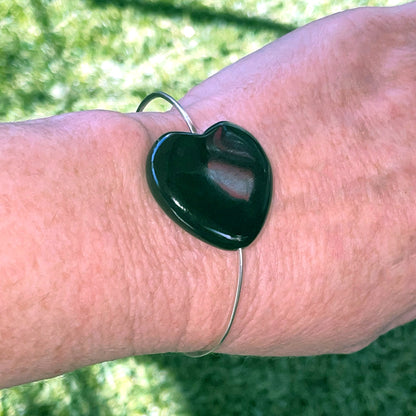 Large Onyx gemstone Heart on Sterling Silver Bangle Bracelet