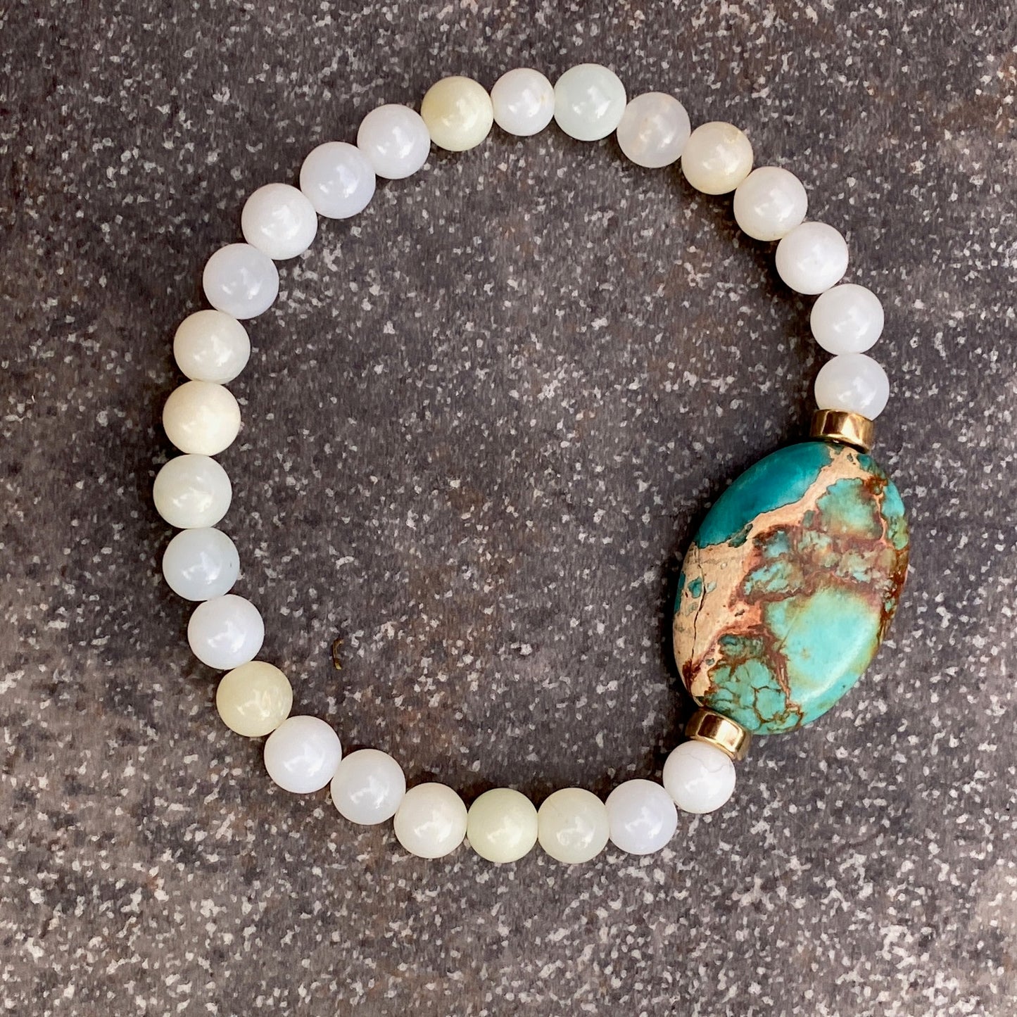 Sea Sediment Jasper gemstone, Amazonite, and 14 kt Gf Stretch Bracelet