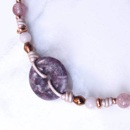 Lepidolite, Strawberry Quartz, Clear Quartz, White Agates with Copper Lotus Button