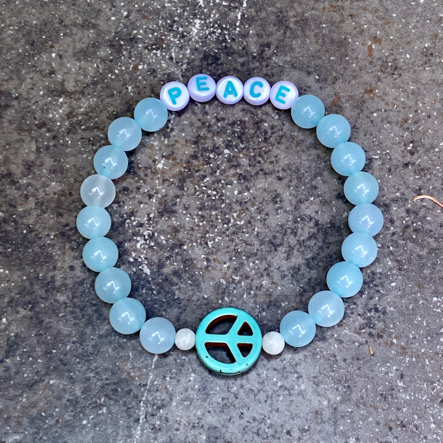 Blue Agate and Howlite Peace Sign Stretch Bracelet in Men or Women size