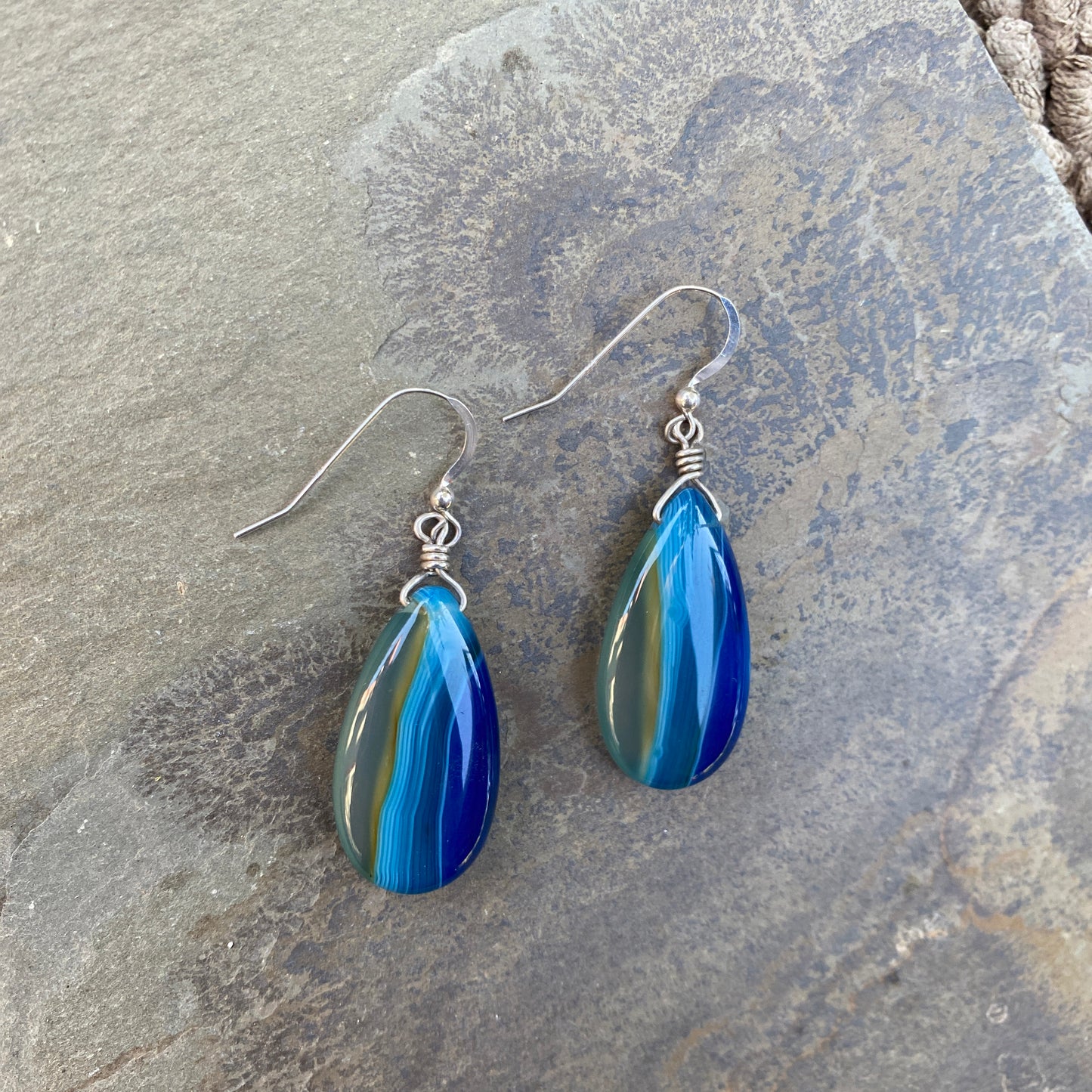 Blue Onyx Agate Tear Drop Shape and Sterling Silver Earrings