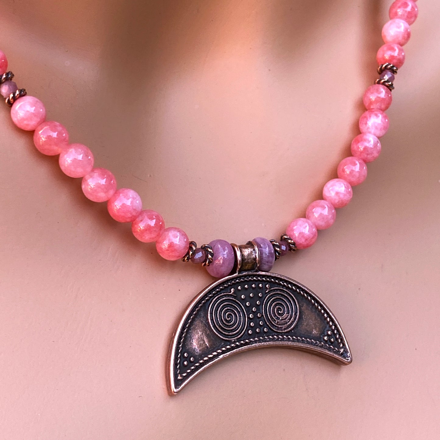 Pink Angelite and Pink Tourmaline gemstone and copper Moon pendant necklace