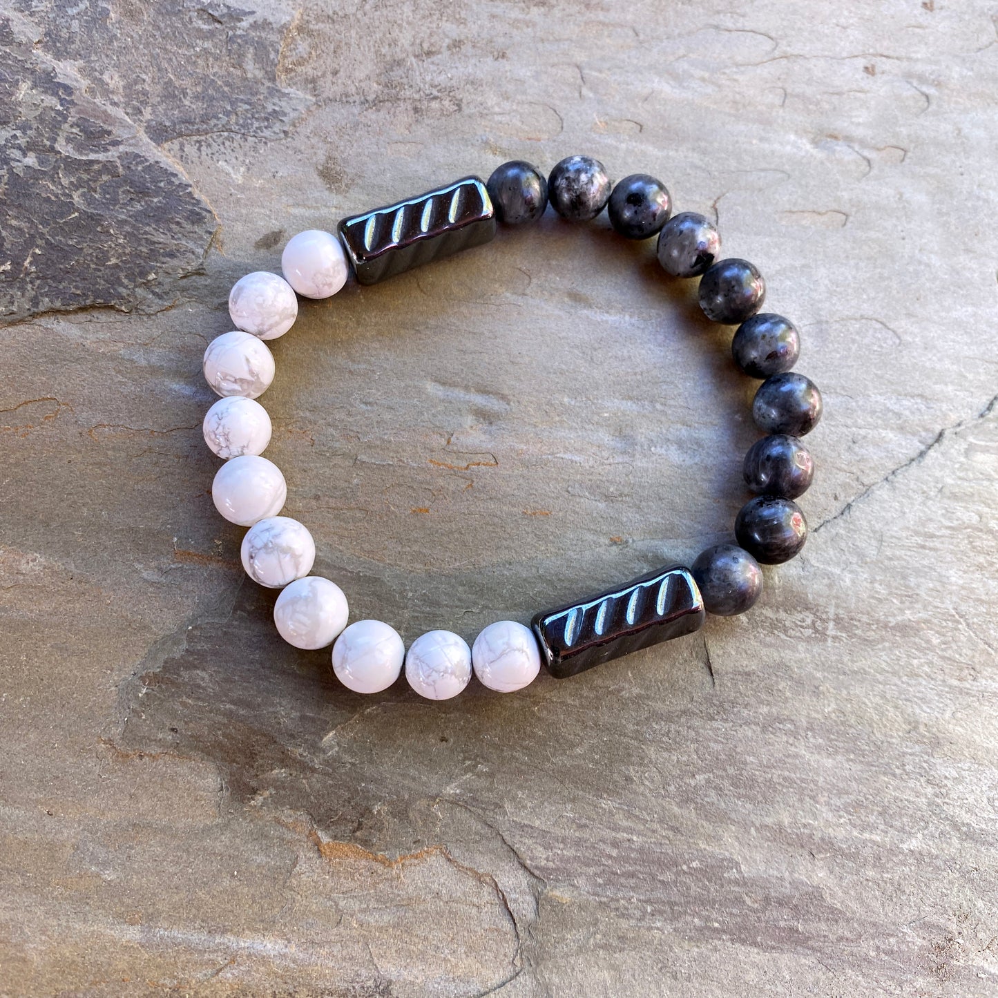 Men’s Black Labradorite, Hematite and Howlite "Balance" gemstone bracelet