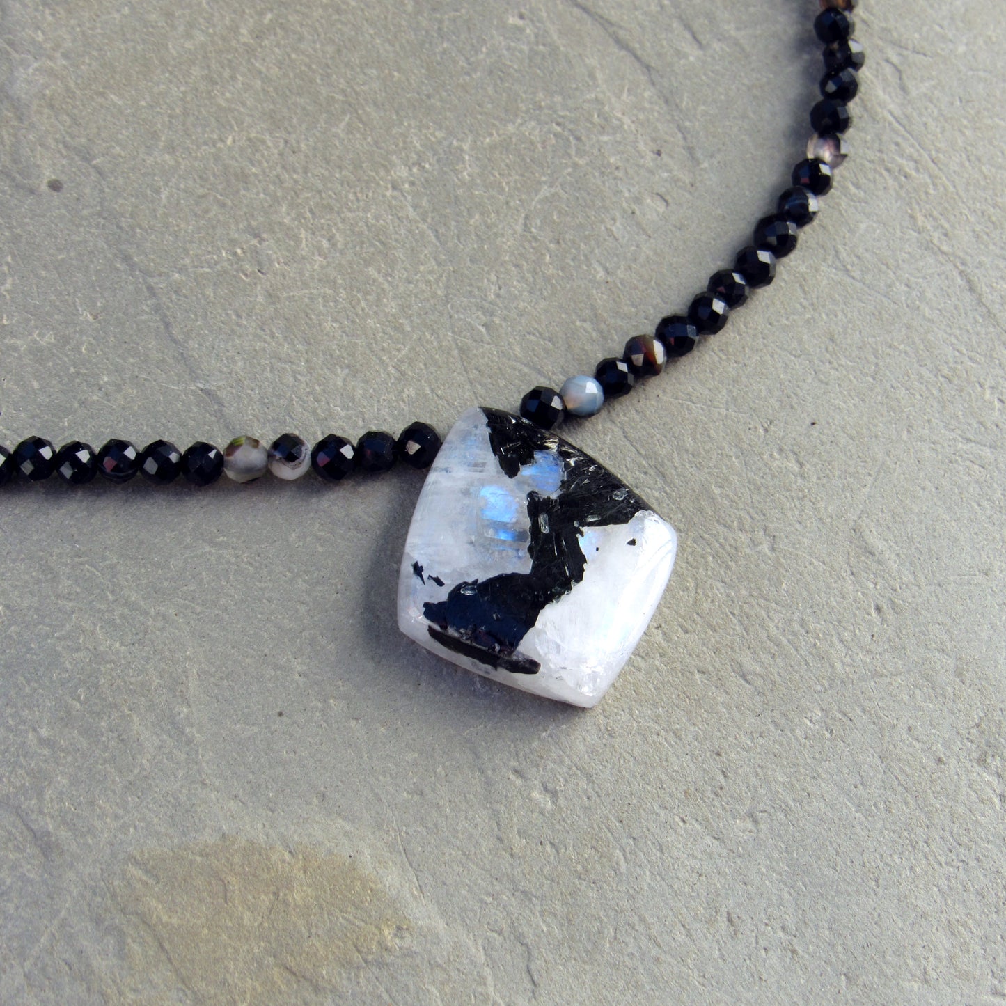 Rainbow Moonstone on Black Banded Agate w/ Sterling Silver