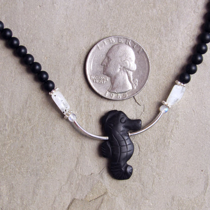 Onyx  gemstone Seahorse, Onyx Beads, Moonstones, and Sterling Silver Necklace