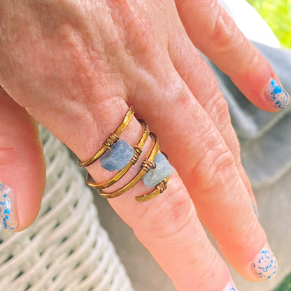 Blue Sapphire gemstone on hand hammered Bronze Ring.