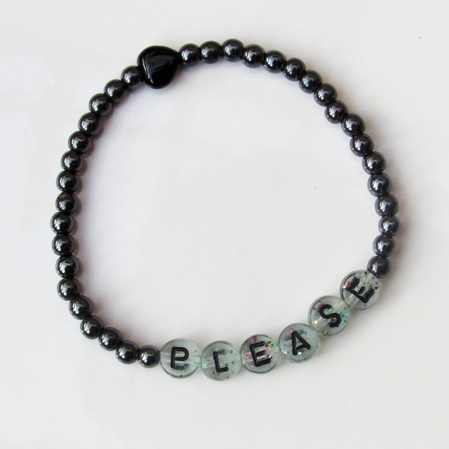 Black Hematite and Onyx gemstone Heart “BITCH PLEASE” stretch bracelet