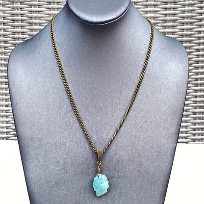 Raw Aquamarine gemstone on brass chain Necklace