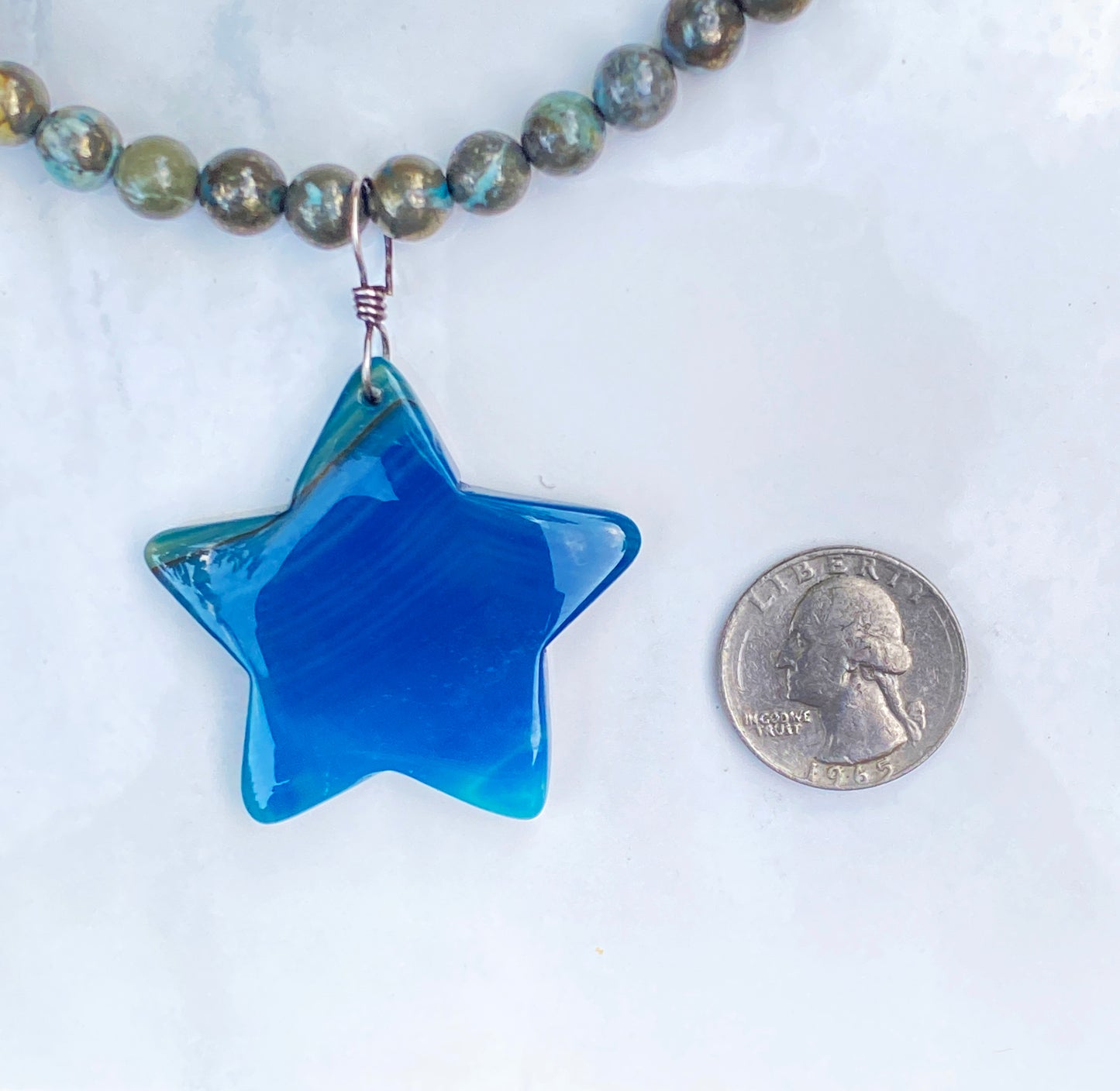 Blue Agate Star, Hand Wrapped w/ Oxidized Sterling Silver, On Blue Pyrite Necklace