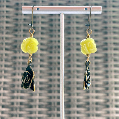 Lemon Jade gemstone and Brass Rose dangle Earrings