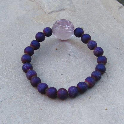 Purple Druzy Agates and Amethyst Gemstone Stretch Bracelet