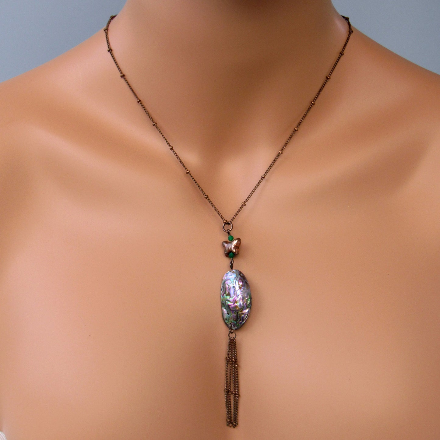 Green Onyx gemstone, Abalone shell, copper chain Necklace