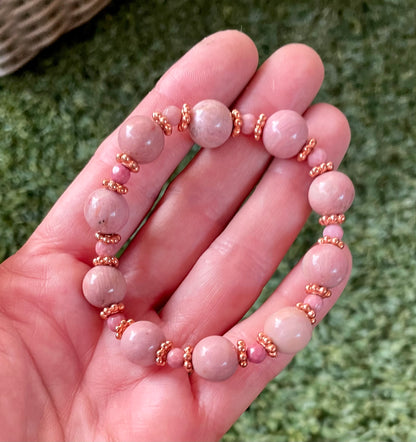 Pink Rhodonite gemstone and Copper Beaded Stretch Bracelet