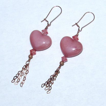 Pink Jade gemstone Hearts, Cherry Quartz, 18 Kt Gold Vermeil Heart Chain Hand wrapped Drop Earrings