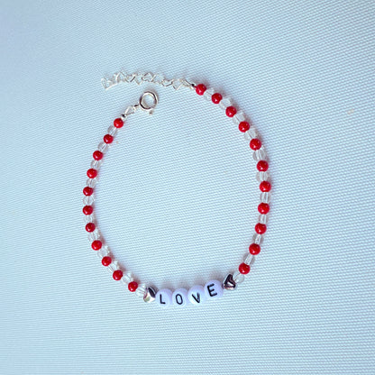 Coral, clear quartz gemstone, hematite Heart “LOVE” anklet