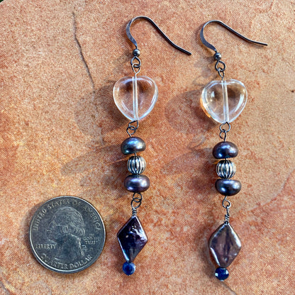 Sterling silver, fresh water pearl, clear quartz heart, Blue sapphire Drop earrings