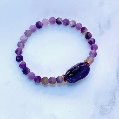 Amethyst gemstone and copper crystal beaded stretch bracelet