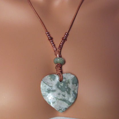 Heart Jade Peace Stone, Amazonite, Copper, Leather Necklace