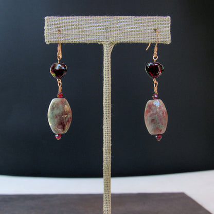 Ruby Zoisite, Garnets, w/ 14 kt Rose Gf Drop Earrings