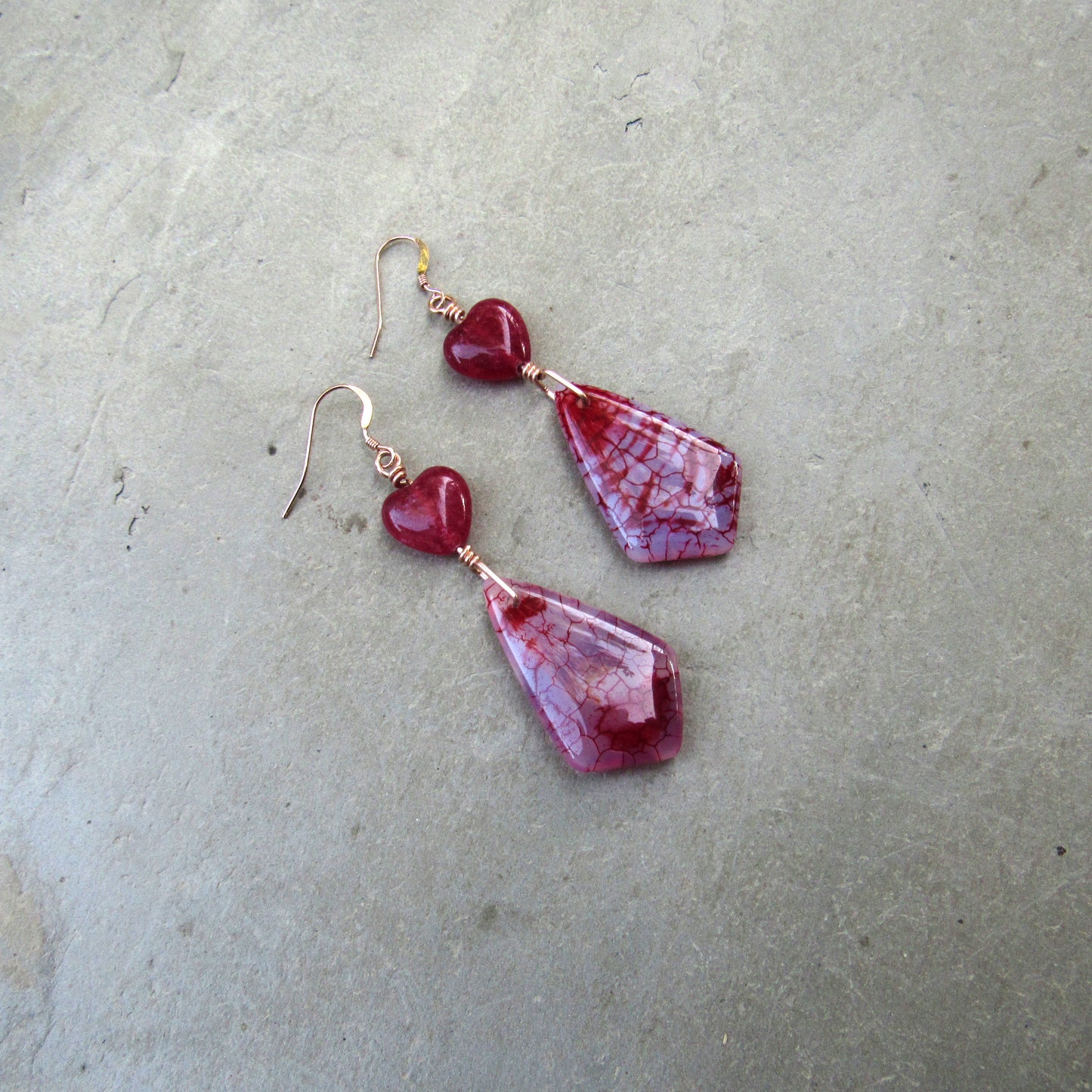 Dragon’s Vein Agate, Jade Gemstone Heart, and 14 kt Rose Gf Drop Earrings