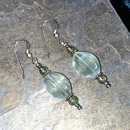 Fluorite, sterling silver, green apatite, and tiny fresh water pearl pearl drop earrings