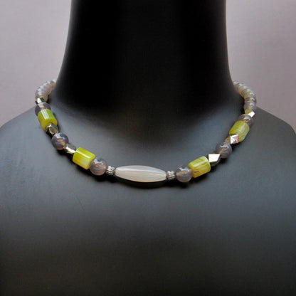 Grey Agate, Yellow Agate, Pyrite gemstones and Sterling Silver Necklace