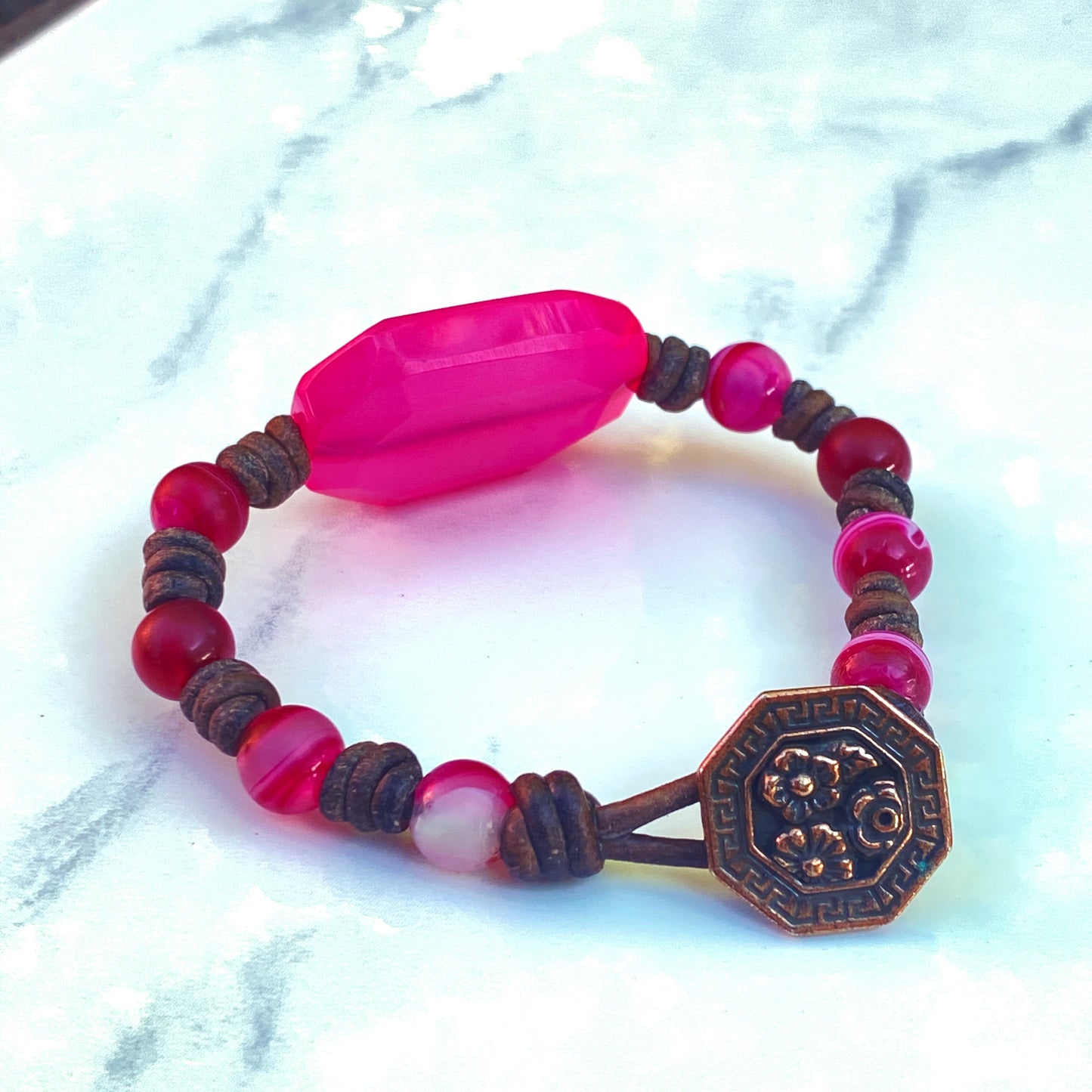 Pink Agate gemstone hand knotted Leather Bracelet