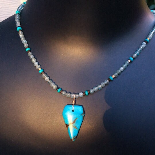 Blue Agate Bronzite pendant with Apatite, Hematite & Turquoise Gemstones