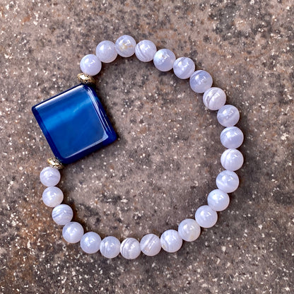 Blue Agate, Blue Lace Agate, Sterling Silver Stretch Bracelet