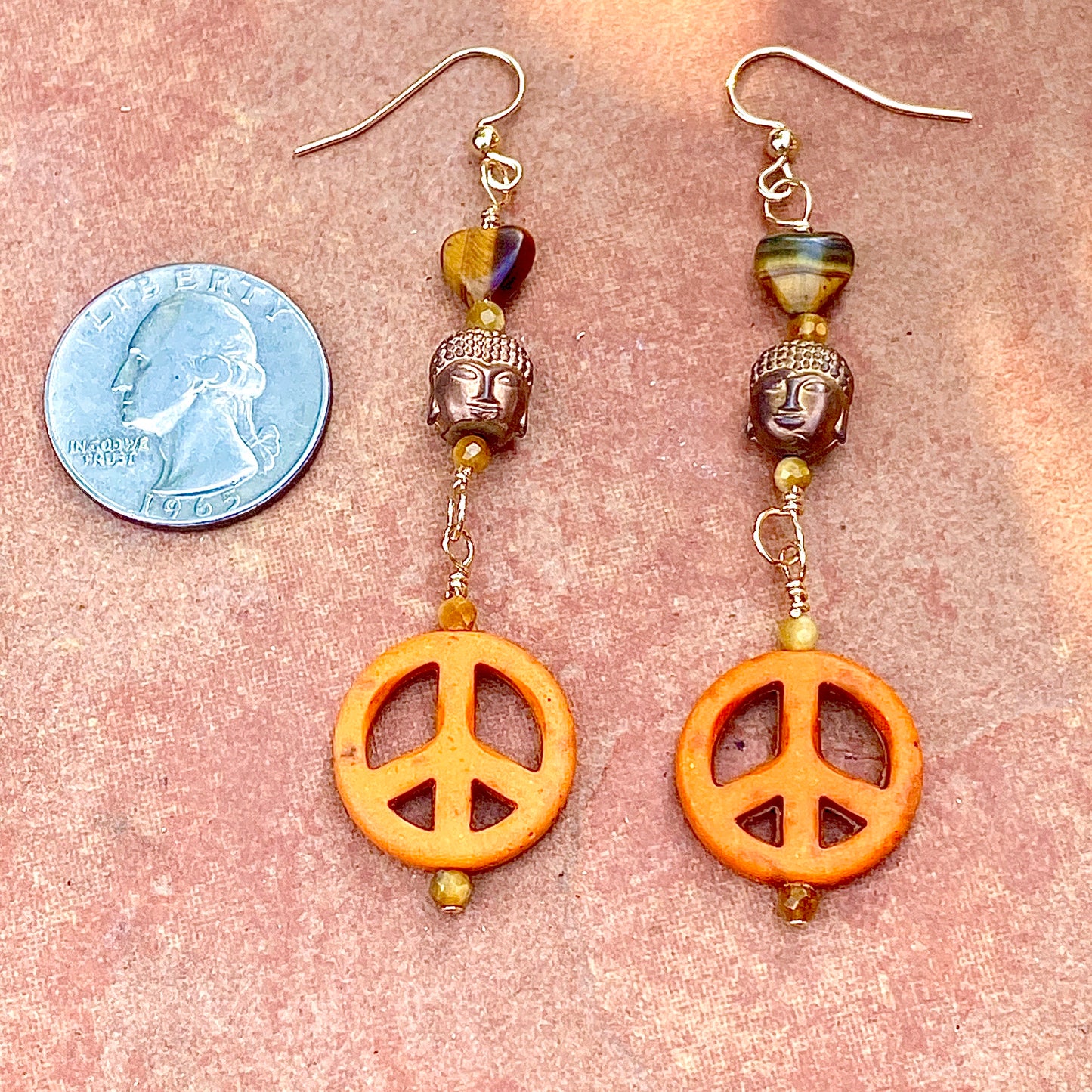 Howlite Peace Signs, Tiger’s Eye, Hematite, and 14 Kt Gf Drop Earrings