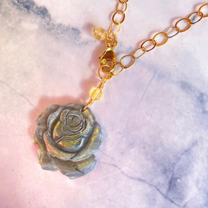 Labradorite gemstone carved Rose pendant on 14 kt Gold Necklace