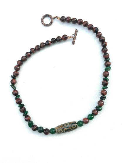 Men’s Red Tiger Eye Tibetan Agate with Green Jade gemstone necklace with copper toggle