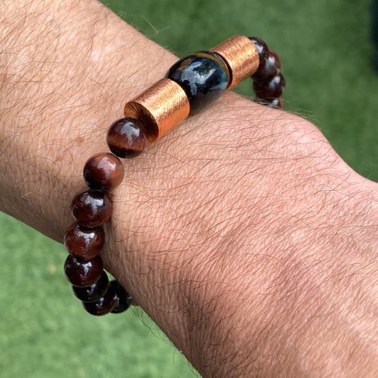 Red and blue Tiger Eye gemstones with genuine Copper Stretch bracelet