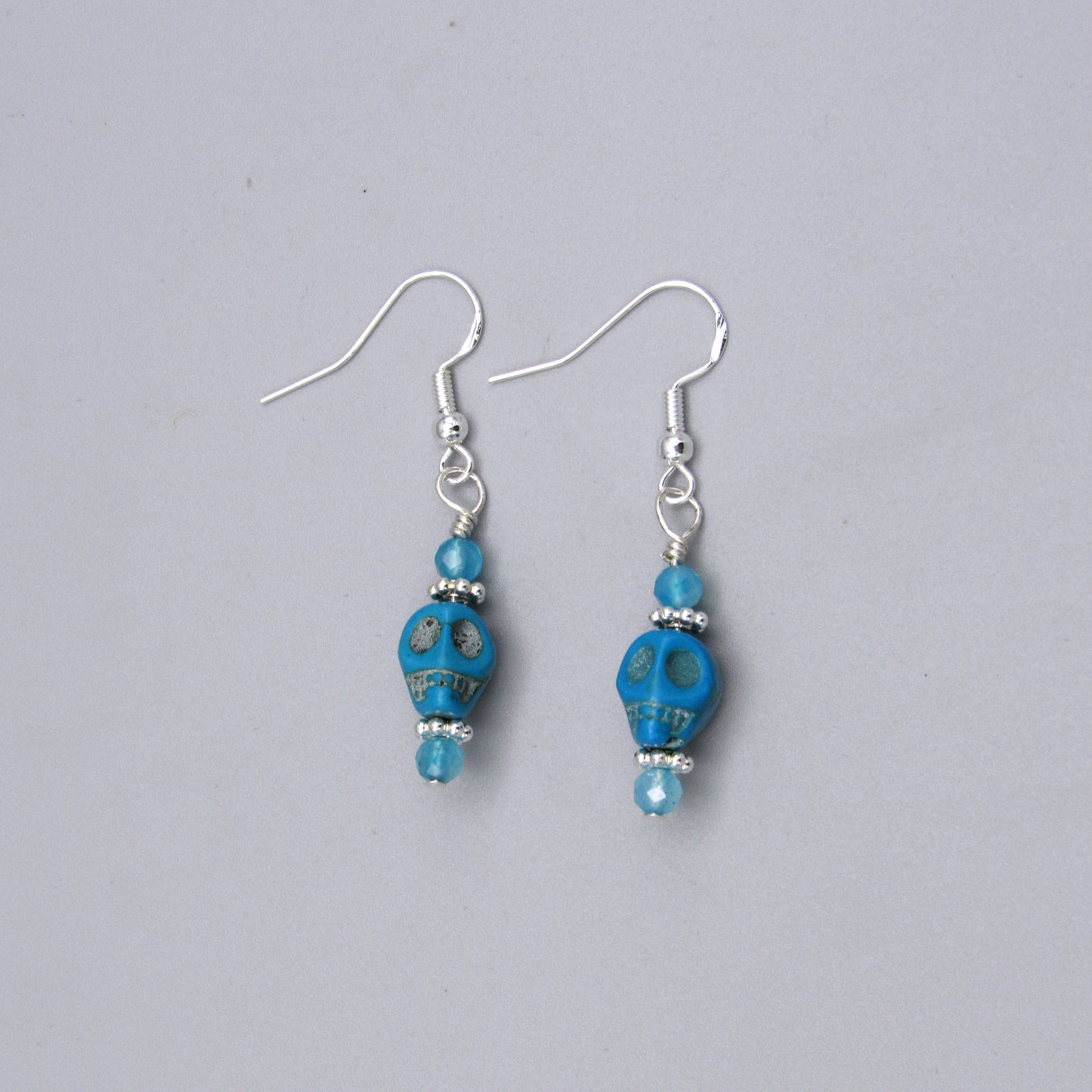 Howlite Gemstone Skull, Apatite, Sterling Silver Drop Earrings