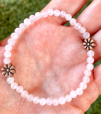 Rose Quartz and Copper Flower Beaded Stretch Bracelet